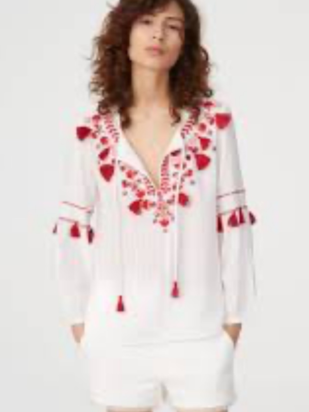 Club Monaco Ohnay Top White V-Neck Blouse with Red Embroidered Tassel Accents S